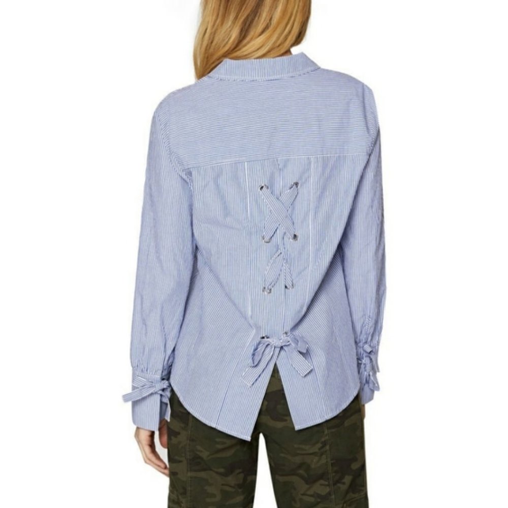 🎈 Sanctuary Lace Up Back Sz M Striped Button Down Shirt Top Blouse White Blue